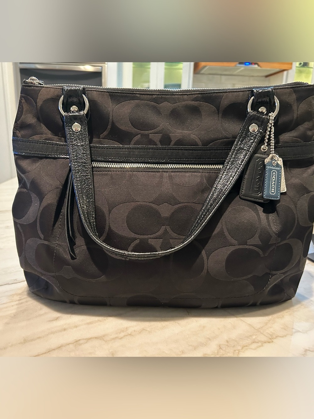 Coach Signature C Black Charcoal Zip Top Tote Shoulder Bag Patent Trim